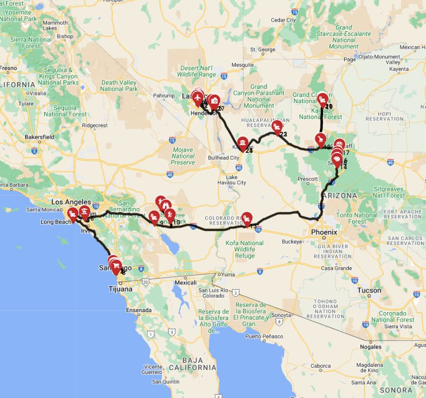 San Diego to Las Vegas RVtrip route with a motorhome
